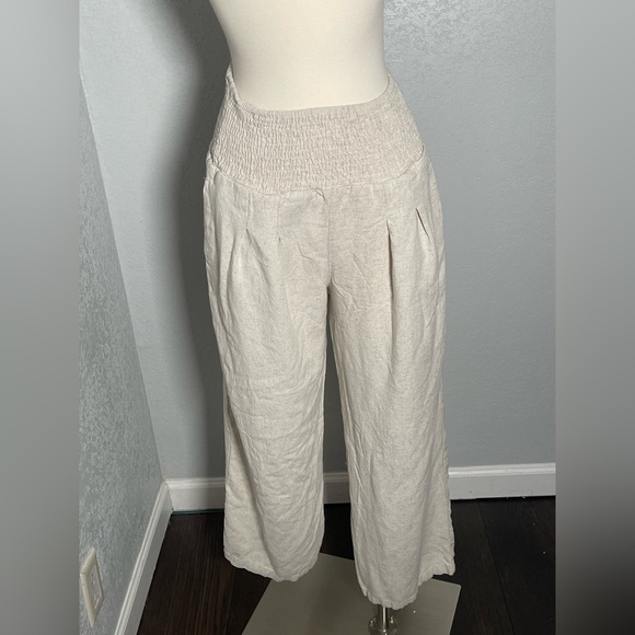 Cream Wide Leg Pants with Smocked Waistband - Picture 1 of 8